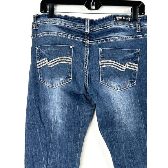 Red Rivet Womens Cropped Size 11 Blue Jeans Thick Stitch Distressed Straight E3 - Picture 9 of 11